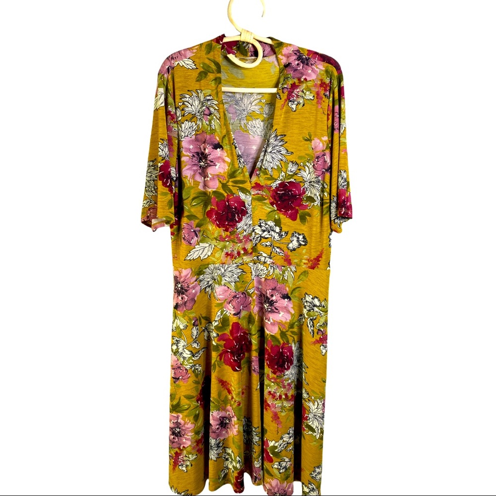 GILLI Mustard Yellow Floral A-Line Long V-Neck MIDI Dress Size 2X XD11369-2